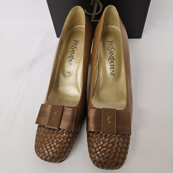 Yves Saint Laurent Woven Leather And Satin Bow Heels In Brown And Bronze Sz 6.5 - Picture 6 of 15